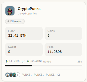 A digital card for 'CryptoPunks' on Ethereum showing a Floor price of 32.41 ETH and Fees of 11.2898.