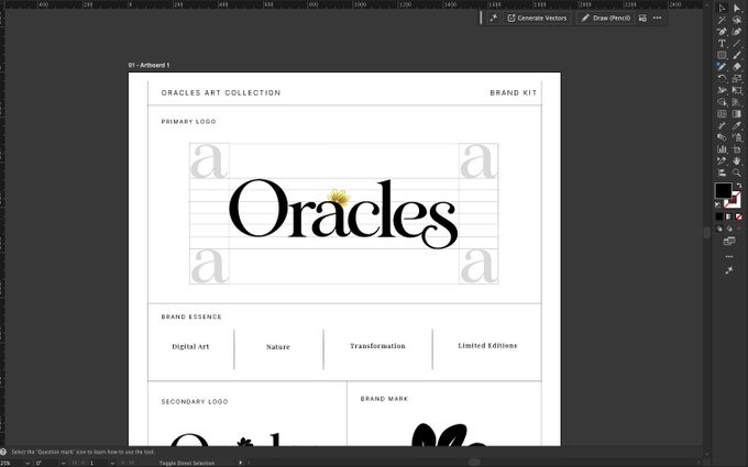 Screenshot of Adobe Illustrator showing a 'BRAND KIT' artboard for 'ORACLES ART COLLECTION' with the word 'Oracles' in stylized text featuring a small yellow flower.
