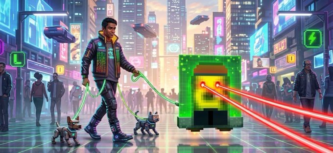 A person walks two small robotic pets on leashes through a neon-lit cyberpunk city street, approaching a glowing green pixelated battery emitting red laser beams. The futuristic scene, with its digital and electric energy, complements the post's "PunkPetz" NFT theme and "happy Hump Day" tech-forward greeting.
