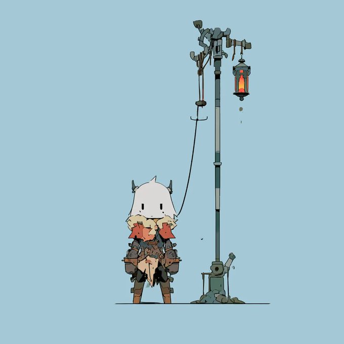 An anime-style illustration of a small white-haired character in a tattered outfit standing next to a tall lamppost with a hanging lantern against a light blue background.