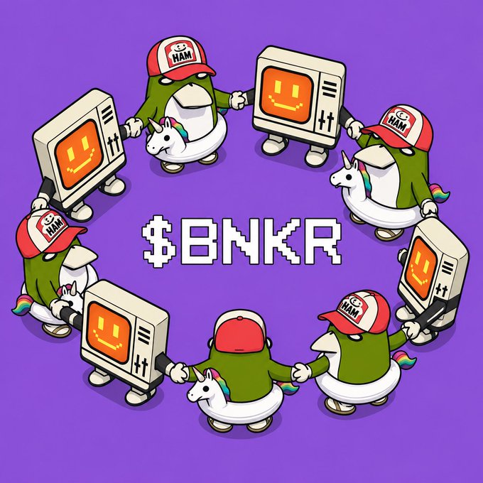 Pixel-art illustration on a purple background showing HAMSTER characters and retro monitors holding hands in a circle around the text '$BNKR'.