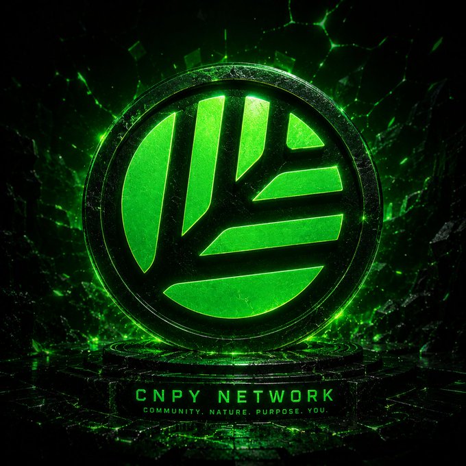 The image features a green logo with a tree design at its center. The logo is surrounded by a black border that has a green glow effect, giving it an ethereal appearance. Below the logo, there's text that reads "CNPY Network". This suggests that the image might be related to a discussion or promotion of CNPY Network and their blockchain technology.