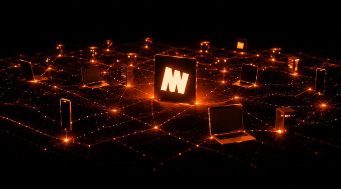 A digital artwork showing interconnected devices (laptops, monitors, and phones) connected by glowing orange network lines, with a central "N" logo prominently displayed in the middle.