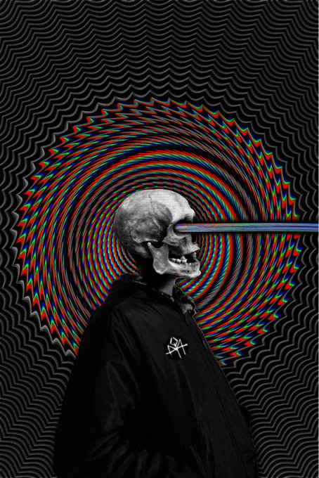A figure wearing a black hoodie with a white symbol and a metallic skull mask emitting a colorful beam, set against a wavy, psychedelic black and white pattern.