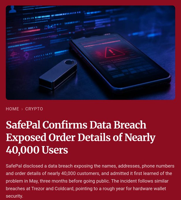 A news article headline reads 'SafePal Confirms Data Breach Exposed Order Details of Nearly 40,000 Users,' detailing a breach exposing names, addresses, phone numbers, and order details of customers, following similar incidents at Trezor and Coldcard.