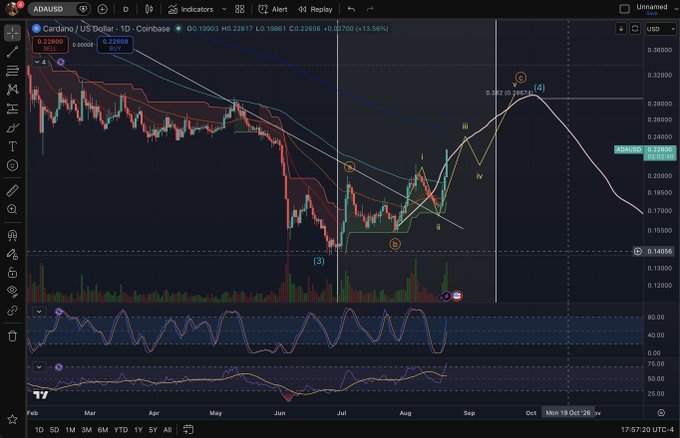 A TradingView daily chart for Cardano/US Dollar (ADAUSD) on Coinbase showing a price of $0.22606 (+13.56%), with Elliott Wave-style technical analysis marking wave structures labeled (3), (4), and labeled points i-iv, illustrating ADA's volatile recovery trajectory that the poster playfully questions.