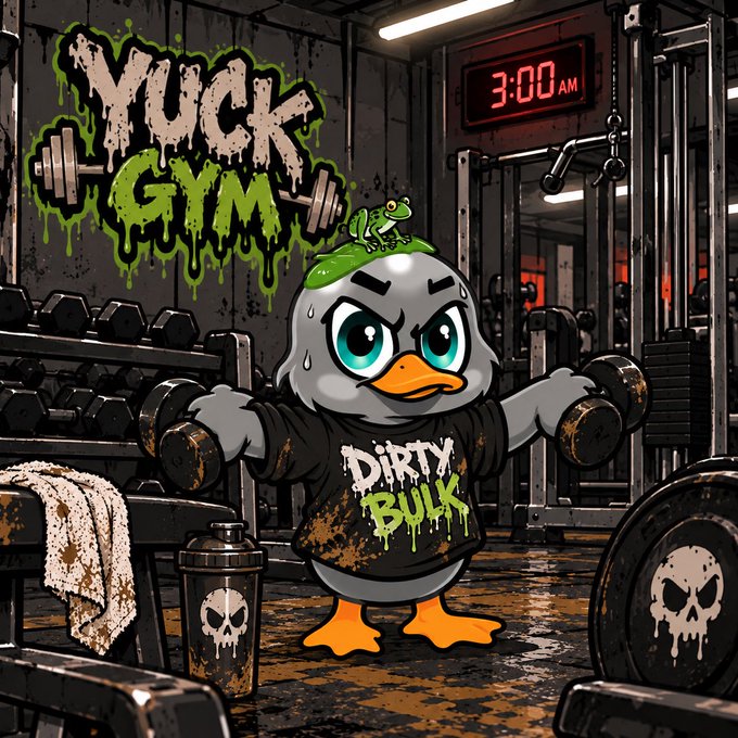 A cartoon penguin wearing a 'DIRTY BULK' shirt lifts dumbbells in a grimy gym with a 'YUCK GYM' sign and a digital clock reading '3:00 AM'.
