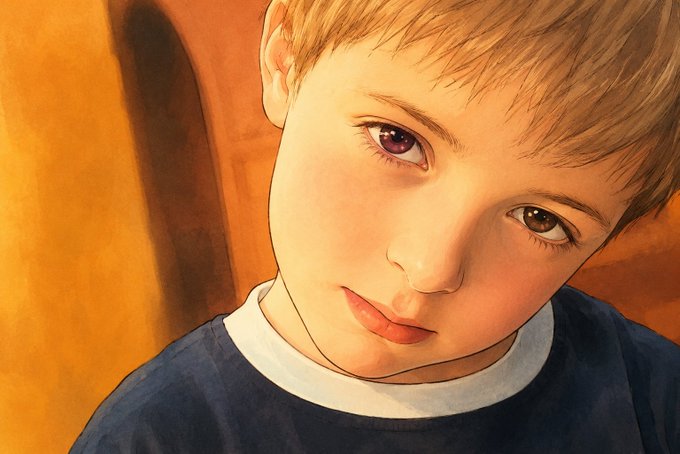 A digital illustration/painting of a young boy with light brown hair and large expressive eyes, wearing a dark shirt.