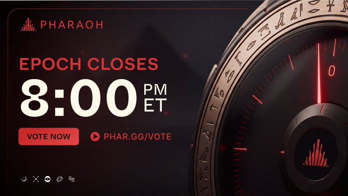A digital countdown screen for 'PHARAOH' showing 'EPOCH CLOSES 8:00 PM ET' with a 'VOTE NOW' button and a stylized clock face featuring hieroglyphs.