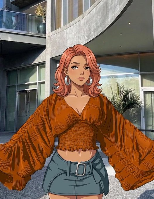 A digital illustration shows a confident woman with pink wavy hair wearing a brown off-the-shoulder top and teal belted mini skirt, posing confidently in front of a modern glass building. The image's powerful, "bullish" energy visually aligns with the post's assertion that Quip is steadily building serious infrastructure for decentralized quantum computing.