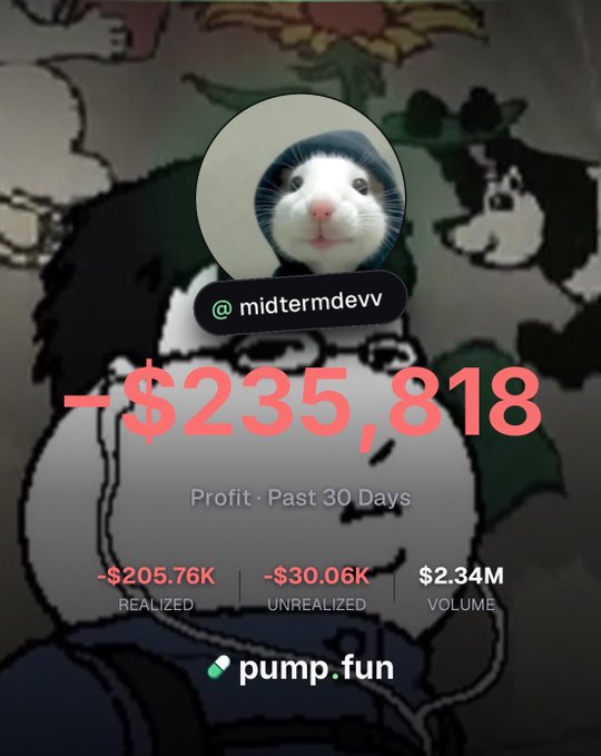 The image shows a Pump.fun profile for @midtermdevv featuring a white rat mascot, displaying a profit of -$235,818 over the past 30 days, broken down into -$205.76K realized, -$30.06K unrealized, and $2.34M in volume. Despite the heavy losses shown, the caption "Feeling a 7 fig October tho ngl" suggests the user remains optimistic about hitting seven figures by month's end, likely fueled by the high trading volume.