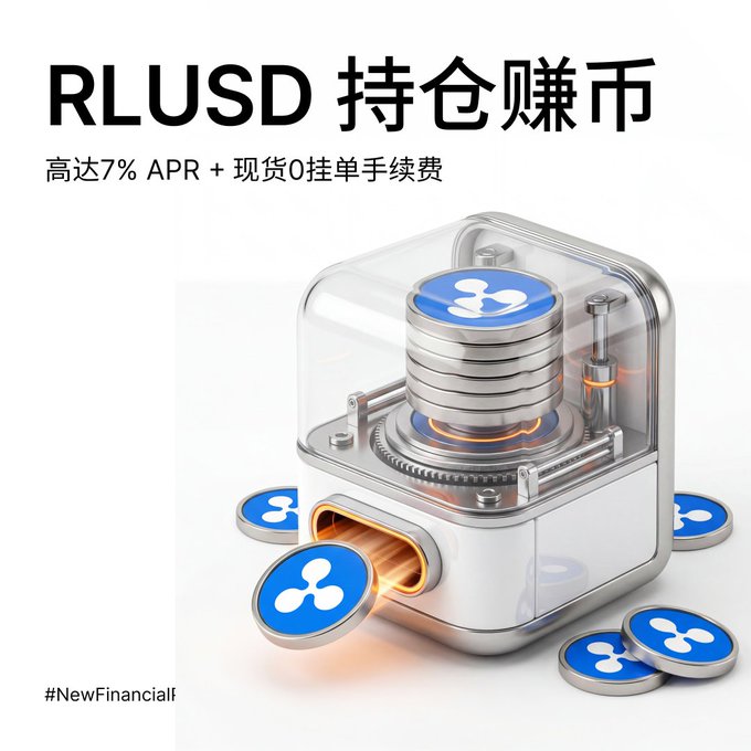 Chinese promotional poster for 'RLUSD 持仓赚币' (RLUSD Holdings to Earn Coins) offering up to 7% APR + 0 spot trading fees, featuring a 3D illustration of a transparent machine dispensing Ripple coins.