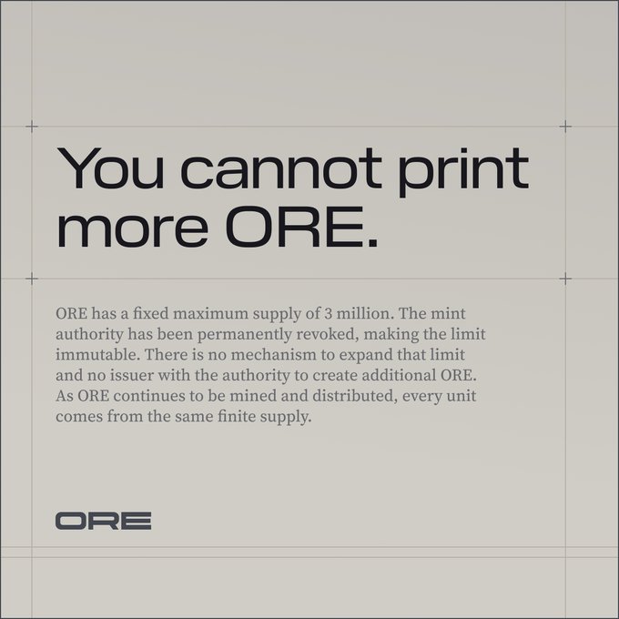 A promotional graphic with the headline "You cannot print more ORE." explains that ORE has a fixed maximum supply of 3 million with the mint authority permanently revoked, reinforcing the post's message that ORE can only be obtained through mining rather than being created at will.