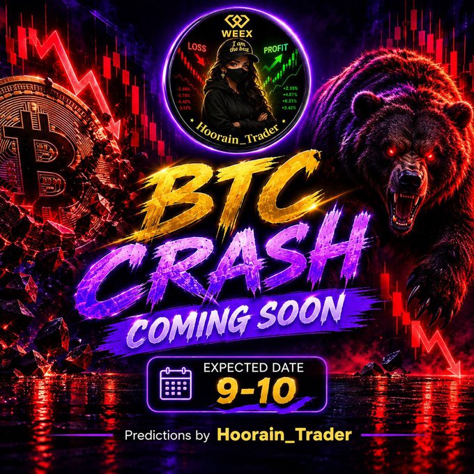 A dramatic promotional graphic featuring a snarling red-eyed bear, Bitcoin imagery, and falling red candlestick charts with bold text reading 'BTC CRASH COMING SOON', 'EXPECTED DATE 9-10', and crediting 'Hoorain_Trader' from 'WEEX'.