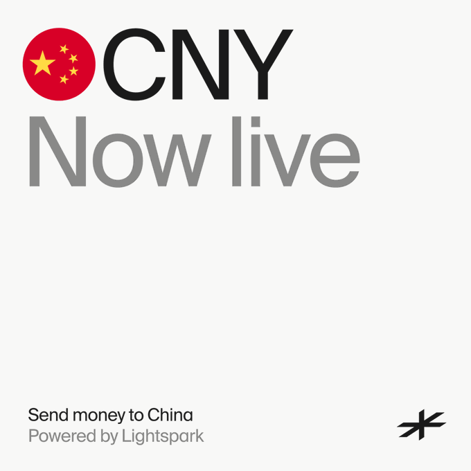 The image features a white background with black text that reads "Now Live" followed by an image of the Chinese flag. Below this, there's a message encouraging people to send money to China through the Lightspark app. The post also mentions that the app is powered by Lightpark and can support realtime payments in various currencies including CNY.