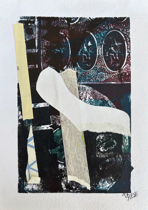 A mixed-media collage artwork featuring dark textured backgrounds with two metallic wheel-like shapes, torn white and beige paper strips, and the text 'JFG' visible on a yellow strip.
