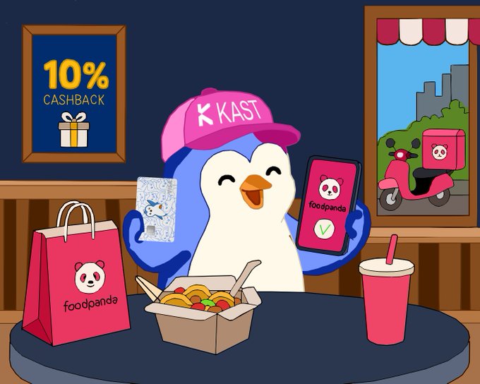A cheerful cartoon penguin wearing a pink "KAST" cap holds up a foodpanda-branded card alongside a delivery bag, takeout box, and drink, with a "10% CASHBACK" sign on the wall behind it—visually promoting KAST's offer of up to 10% cashback on foodpanda orders paid with a KAST card.