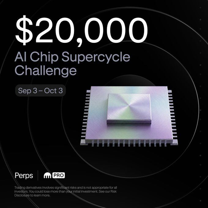 A promotional graphic for the "AI Chip Supercycle Challenge" on Kraken Pro Perps, featuring a $20,000 USDG prize pool running from September 3 to October 3, with a futuristic iridescent microchip displayed against a dark background. The image visually reinforces the post's message by highlighting the AI chip theme and the $20K reward for trading six AI supply-chain perpetuals.