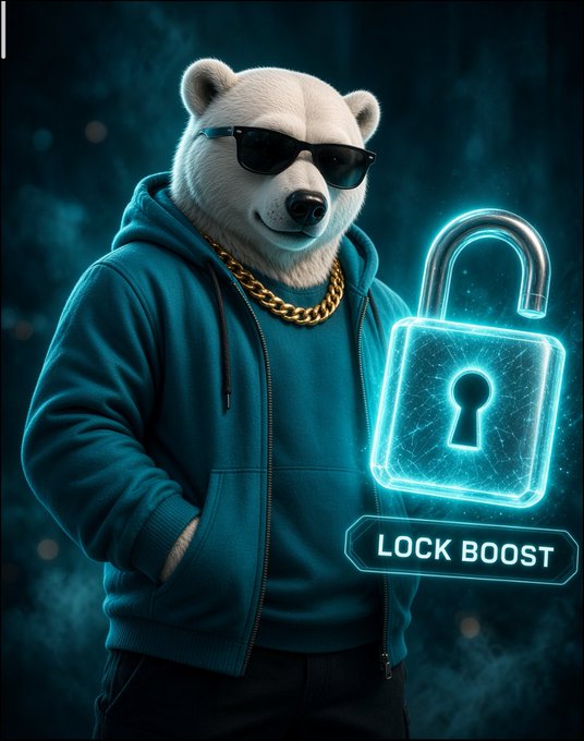 A digital illustration of a white bear wearing sunglasses, a gold chain, and a teal hoodie, standing next to a glowing blue padlock with the text 'LOCK BOOST'.