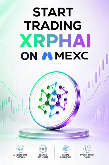 A promotional poster reading 'START TRADING XRPHAI ON MEXC,' featuring a 3D coin with an AI network design, with tags indicating it's an 'AI Healthcare Platform' built on the 'XRP Ledger.'