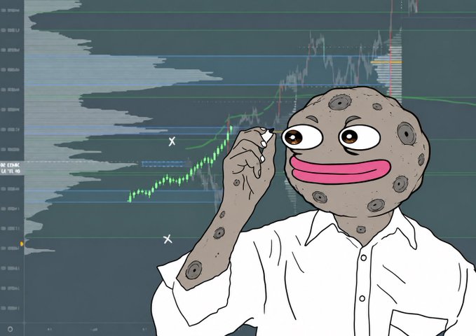 A cartoon moon-headed figure in a white shirt gives a skeptical look while standing in front of a trading chart showing price levels and candlestick patterns, fitting the post "Bnb b Szn." which references a BNB trading season.