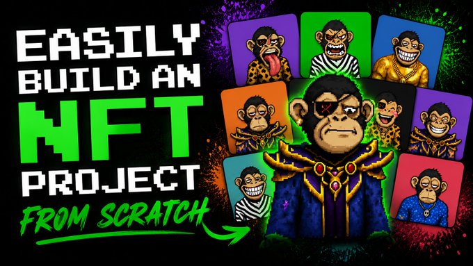 A vibrant thumbnail or graphic with the text 'EASILY BUILD AN NFT PROJECT FROM SCRATCH' surrounded by various cartoon monkey NFT characters, with one larger monkey figure in a robe in the center.