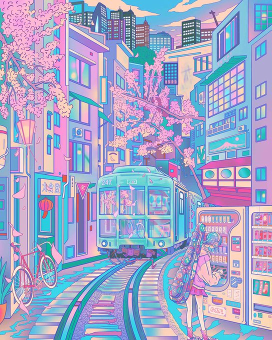 A pastel-toned anime-style cityscape features a teal tram marked "247" traveling down tracks lined with cherry blossoms, while a girl with a guitar case stands by a vending machine—evoking a serene "good morning" atmosphere perfect for a cheerful "gm" post.