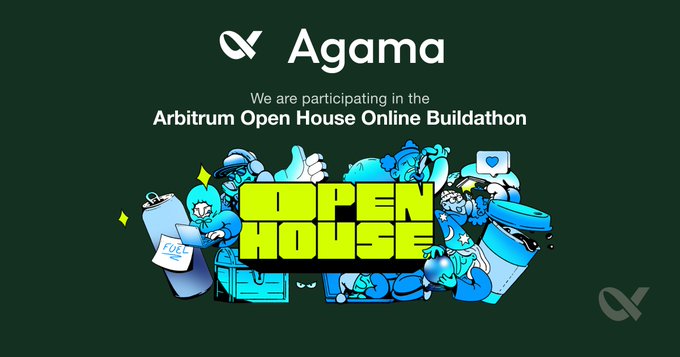 The image features a poster with a green background, white text, and various illustrations of cartoon characters. The poster promotes an open house event organized by Agama and Arbritrum Open House Online Buildathon. It highlights that they are building a lending backed by RWA on Arbitrum, real-world assets as collateral, and is taking place in the online buildathon format. The post also mentions @ArbitrumDevs, @Swagtimus, and other social media handles involved in making this event happen.