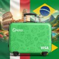 The image shows a green suitcase sitting next to a flag of Italy, with the word "VISA" printed on its side. In addition, there are some other images related to the theme, including those of a television screen displaying news items such as the Olympics and a social media interface like Twitter or Instagram. The presence of these elements suggests that the image is part of a campaign promoting the VISA card, possibly for travel-related services or products from various companies like Netflix, Amazon, Steam, Instagram, and Telegram.