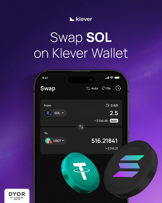 In the center of the image, there's an iPhone displaying information related to cryptocurrency trading. The main focus is a screen showing the Klver Wallet app and a wallet address named '5J4HlZ'. There are three cryptocurrency coins visible in the display - a green one, a blue one, and a black one.

The text above these coins reads "Swap Sol on Klever Wallet", indicating that users can exchange their SOL for any of these cryptocurrencies. The image also includes the text below the coins which says "Your SOL swap is just a few taps away Swap directly inside Klever wallet. @solana k5.link/dl/MSJa Disclaimer: Informational content about a Klver Wallet feature only." This statement provides details and instructions regarding how to use the app and what to expect when using it for cryptocurrency trading.