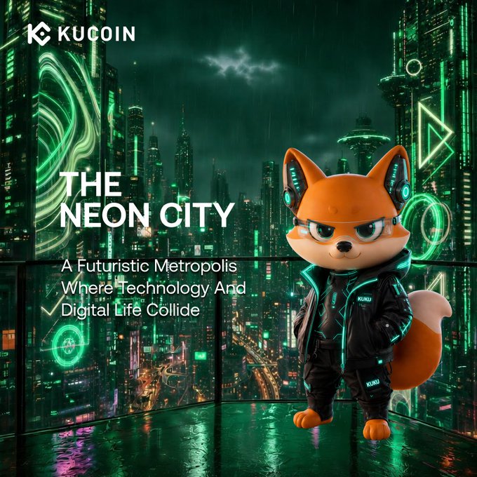 KuCoin's mascot Kuku, dressed in futuristic neon-lit techwear, stands on a rain-soaked balcony overlooking "The Neon City" — a cyberpunk metropolis where technology and digital life collide — promoting a 100,000 USDT bounty in the KuKu Universe campaign.