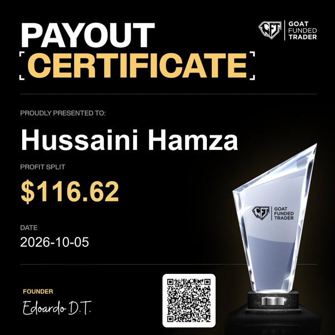 A digital 'PAYOUT CERTIFICATE' from 'GOAT FUNDED TRADER' is presented to 'Hussaini Hamza' showing a profit split of $116.62 dated 2026-10-05, signed by founder Edoardo D.T.