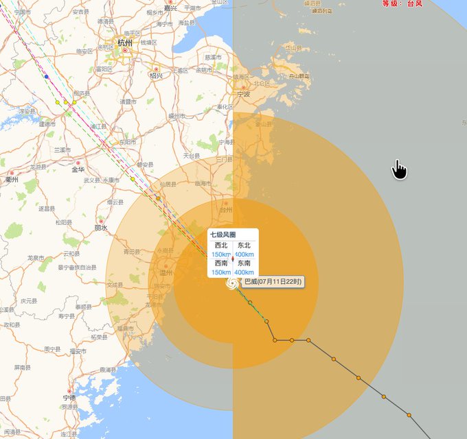 A weather map showing the projected path and wind radius of Typhoon Bavi (巴威) approaching the coast of eastern China near cities like Hangzhou and Shanghai.