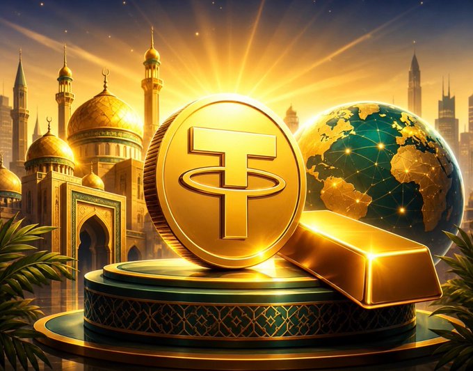 A large gold coin marked with the "₮" Tether symbol sits atop a gold bar on an ornate pedestal, with Islamic-style domed mosques, a globe, and tropical foliage glowing in the background—visually tying Tether Gold ($XAUT) to its newly obtained Sharia compliance and expanded access to Muslim investors worldwide.