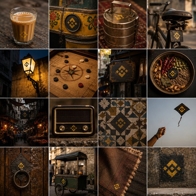 A 4x4 grid collage showcases a single geometric logo creatively adapted across 16 distinctly Indian contexts—including a glass of chai, a lantern-lit alley, an auto-rickshaw door, a spice bowl, and a kite against the sky—each bearing the same emblem as a playful "alter ego." The post invites viewers to choose which cultural reimagining should be brought to life.