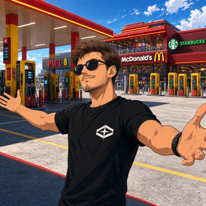 An anime-style illustration of a man wearing sunglasses and a black t-shirt with a geometric logo, standing with arms outstretched at a gas station with McDonald's and Starbucks signs in the background.
