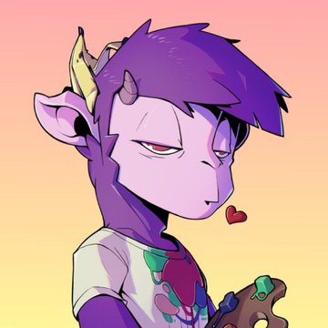 A digital illustration of a purple-skinned demon or satyr character with small horns, pointed ears, and yellow hair accents, wearing a white graphic t-shirt against a pink-to-yellow gradient background.