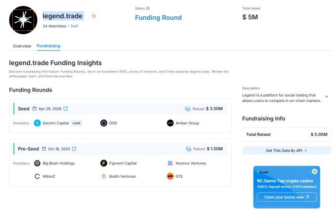 A RootData funding page for legend.trade showing $5M total raised across a Seed round ($3.50M, April 2026) led by Electric Capital, GSR, and Amber Group, and a Pre-Seed round ($1.50M, October 2025).
