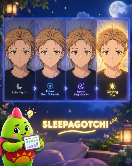 A promotional image for 'SLEEPAGOTCHI' showing four stages of an anime character's evolution (Late Nights, Follow Sleep Schedule, Better Sleep Quality, Glowing You) with a green dragon mascot holding a sleep schedule chart.