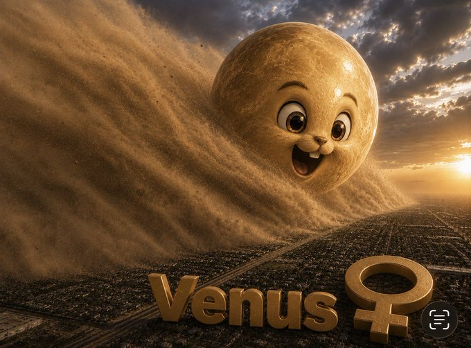 A whimsical 3D illustration of an anthropomorphized golden planet labeled 'Venus' with a cartoon face rolling through a dust storm over a desert landscape at sunset.