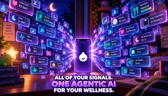 A colorful digital advertisement showing a smartphone surrounded by floating health and wellness data panels with text 'ALL OF YOUR SIGNALS. ONE AGENTIC AI FOR YOUR WELLNESS.'