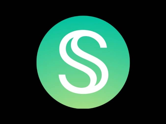 A minimalist logo displays a white letter 'S' centered inside a green gradient circle on a black background.