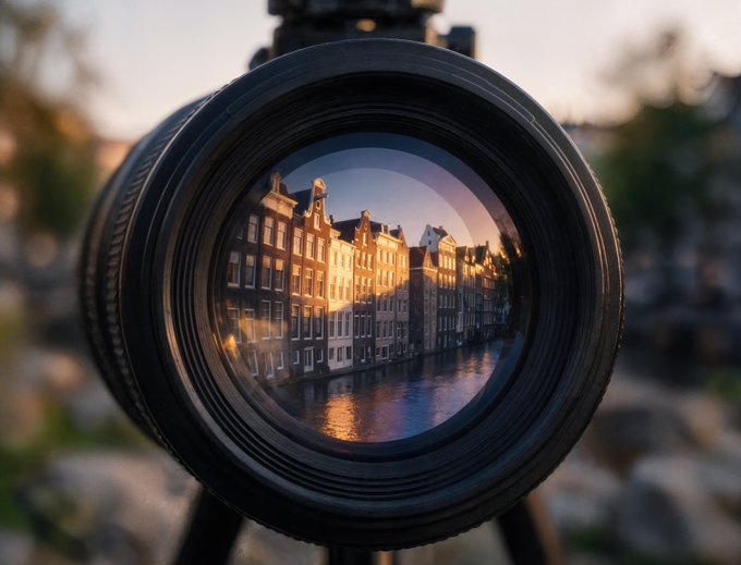 A camera lens reflecting a vibrant image of Amsterdam canal houses with traditional Dutch architecture along the waterfront.
