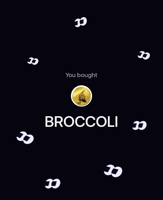 The image displays a dark-themed confirmation screen stating "You bought BROCCOLI" with a gold coin icon, matching the post's announcement of a purchase of the $BROCCOLI token using remaining wallet funds.