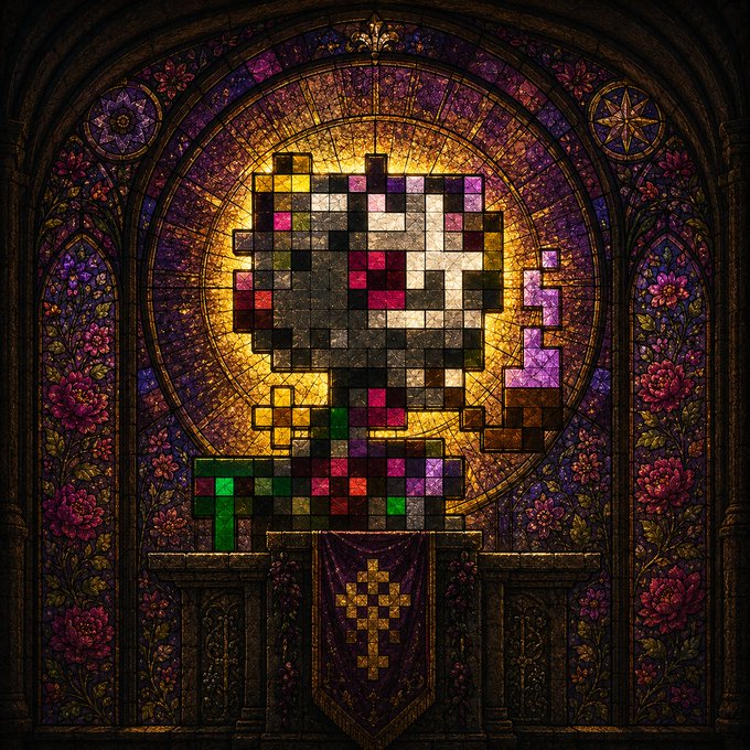 A stained glass window depicting a pixel art character resembling a figure holding a staff, surrounded by ornate floral patterns.