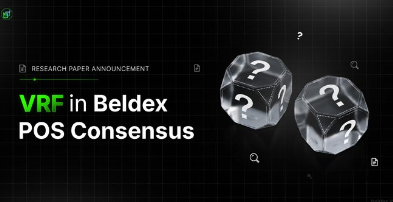 A dark promotional banner reading 'RESEARCH PAPER ANNOUNCEMENT' and 'VRF in Beldex POS Consensus' featuring two faceted polyhedrons with question marks.