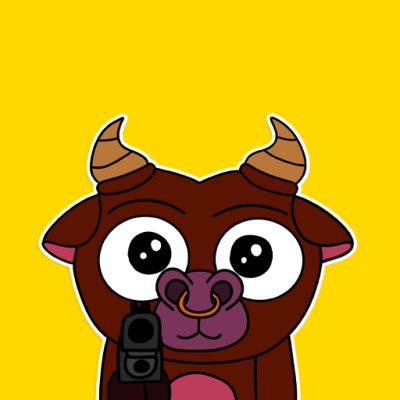 The image features a cartoon depiction of a brown cow with big horns, holding a gun in its mouth against a yellow background. The caption above the image reads "Is PEPO showing that Solana projects can build identity and products at the same time?". This suggests that the image is related to a discussion about the integration of identity and product development within the cryptocurrency space or the use of cartoon characters as a means of conveying complex ideas in an accessible manner.