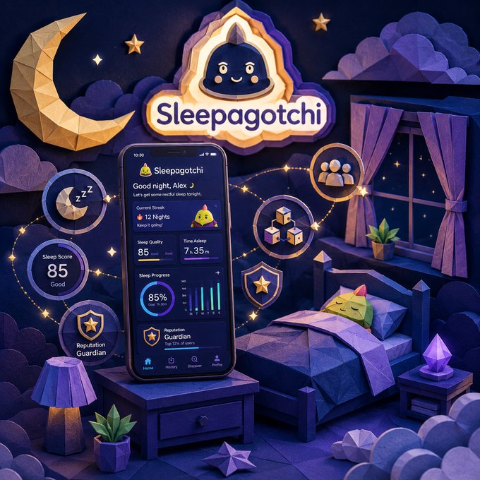 A stylized promotional image for the "Sleepagotchi" app features its logo with a cute character above a smartphone displaying a sleep dashboard showing "Sleep Score 85," "12 Nights," "Current Streak," and a "Reputation Guardian" badge, all set in a paper-craft bedroom scene with a crescent moon, stars, and a sleeping character in bed. The image visually reinforces the post's praise of Sleepagotchi by highlighting its core feature—sleep tracking and streak-based rewards that celebrate consistent healthy routines rather than mere activity.