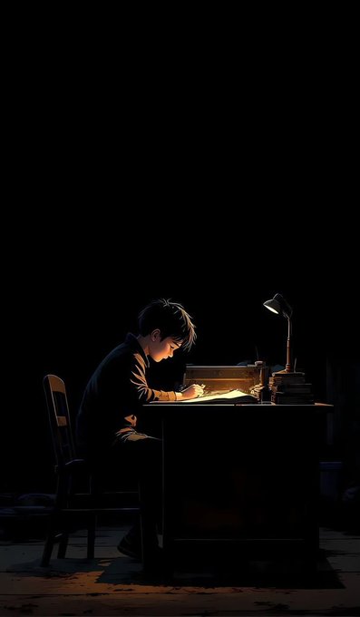 A young person sits hunched at a dimly lit desk, studying intently under the warm glow of a single lamp against an otherwise pitch-black background. The image illustrates the post's message of late-night focus and dedication, with no visible text or numbers on screen.