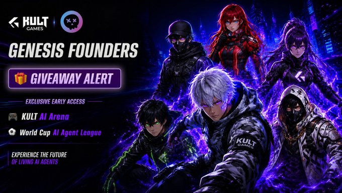 The image is a promotional banner from Kult Games advertising a "Genesis Founders" giveaway, featuring five stylized anime-style characters with glowing purple and neon accents against a dark, futuristic backdrop. Key text highlights "Exclusive Early Access," "Kult AI Arena," and "World Cup AI Agent League," tying directly to the post's announcement of 30 whitelist spots for early access to the KULT AI Agent ecosystem.